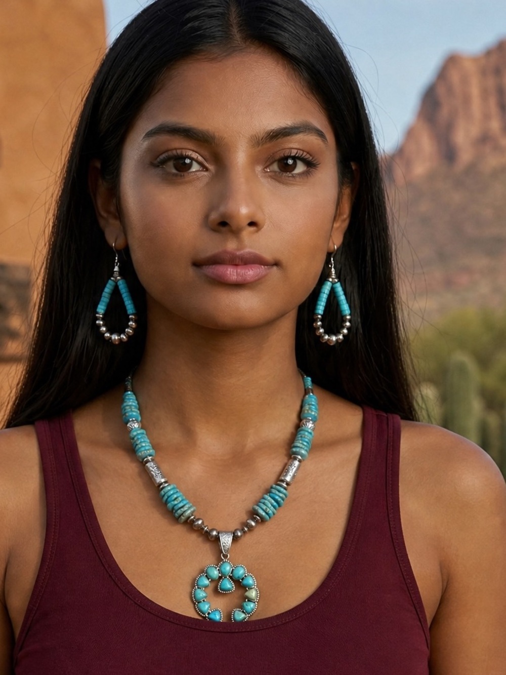 Sterling Silver Navajo Pearls Turquoise Squash Blossom Naja Pendant Necklace - Picture 10 of 10